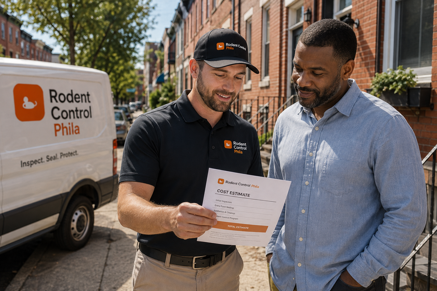 Licensed rodent control technician reviewing a cost estimate with a Philadelphia rowhome homeowner