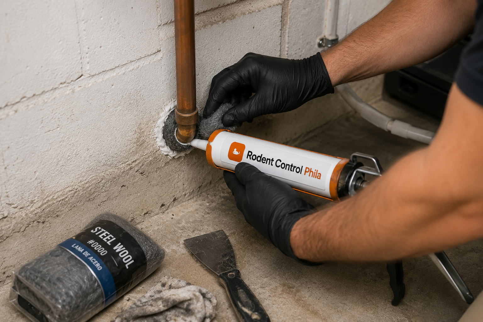 Sealed entry point around a pipe in a Philadelphia basement after professional rodent exclusion work