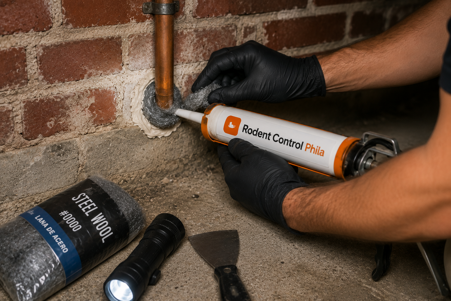 Technician sealing a rodent entry point around a pipe in a Philadelphia home