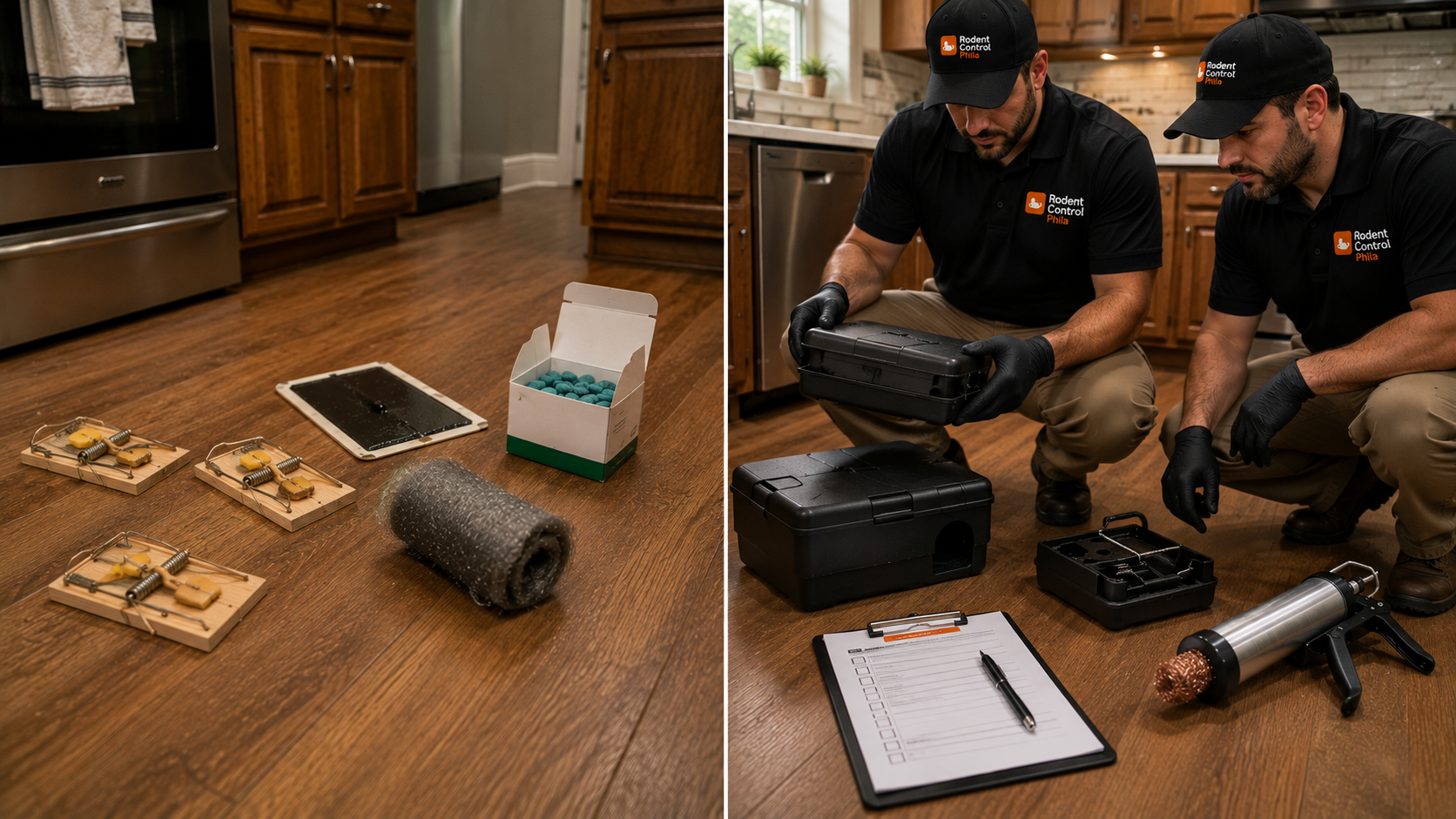 DIY snap traps beside professional rodent control equipment in a Philadelphia rowhome
