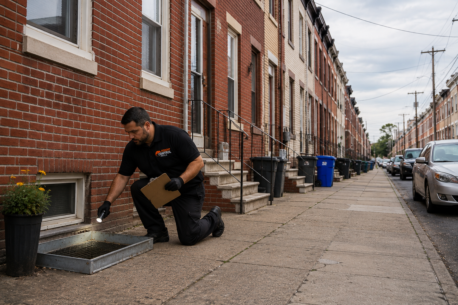 Row of connected Philadelphia rowhomes showing shared walls and alley entry points that let mice travel between properties