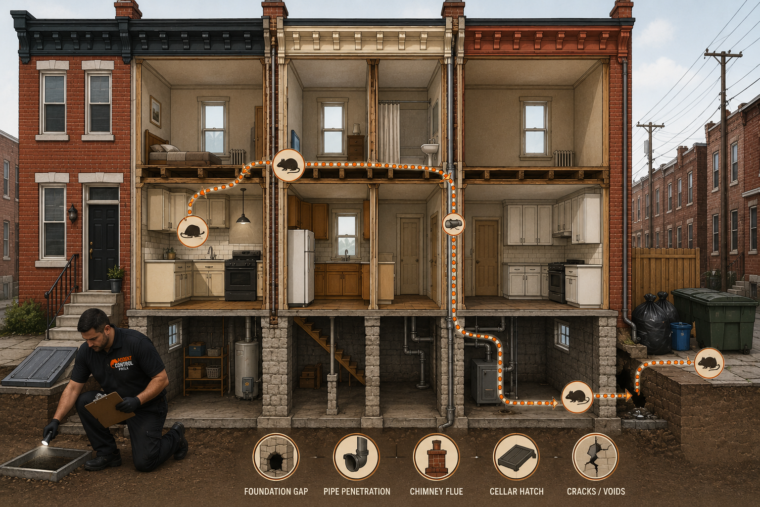 Cross-section diagram of Philadelphia rowhomes showing party wall gaps, pipe penetrations, and alley food sources that create mouse pressure