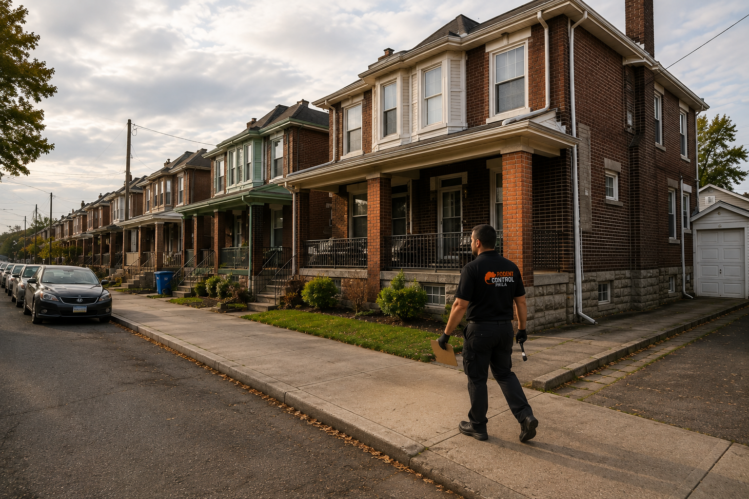 Port Richmond Philadelphia street with twin houses and detached garages showing common rodent problem areas