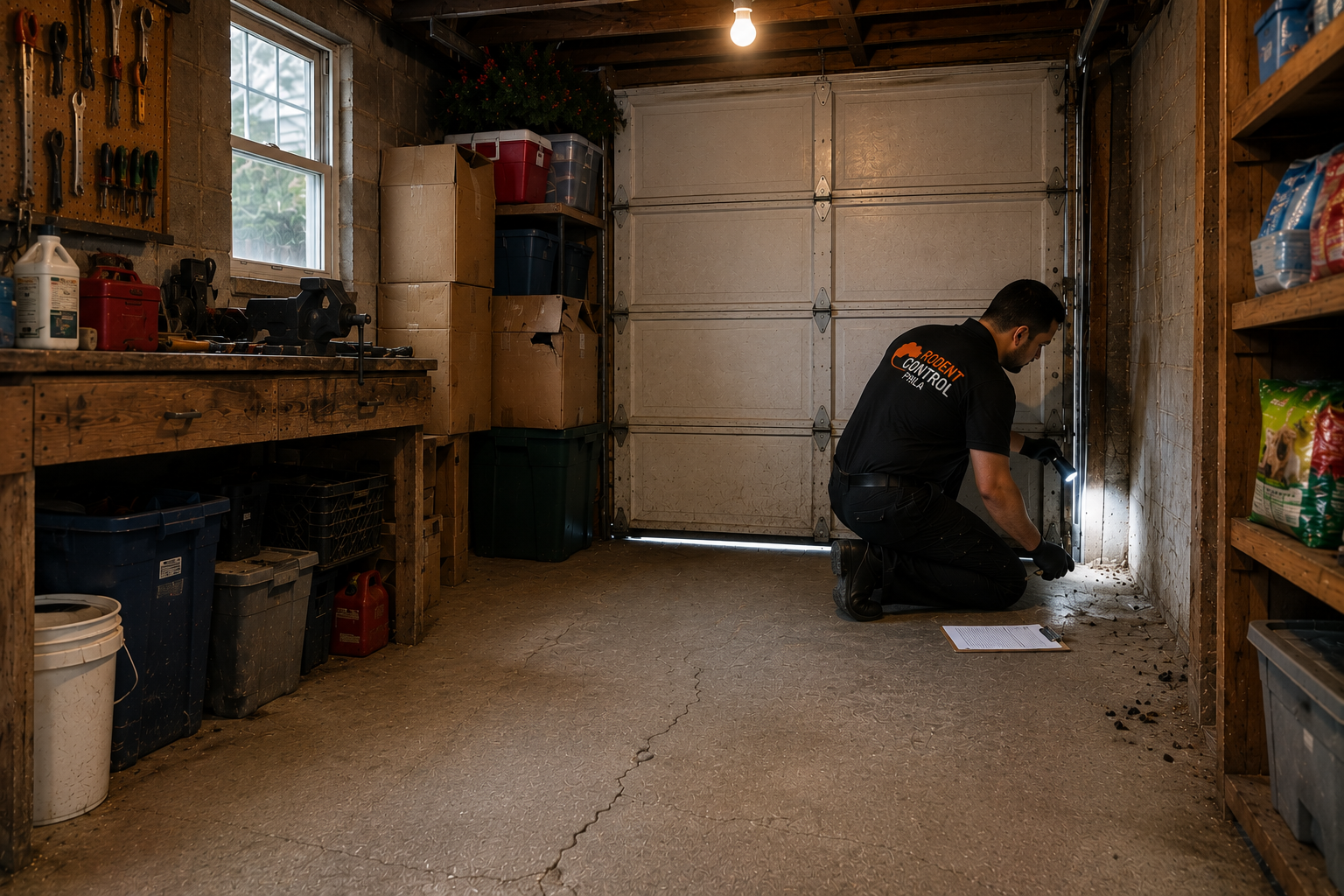 Detached rear garage in Port Richmond Philadelphia showing common rodent nesting areas around stored items