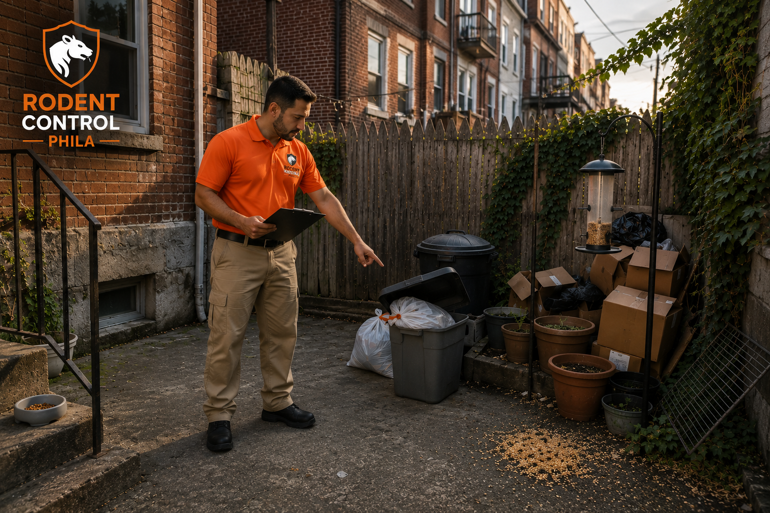 Philadelphia home exterior showing common rodent attractants like trash bins pet food and yard clutter