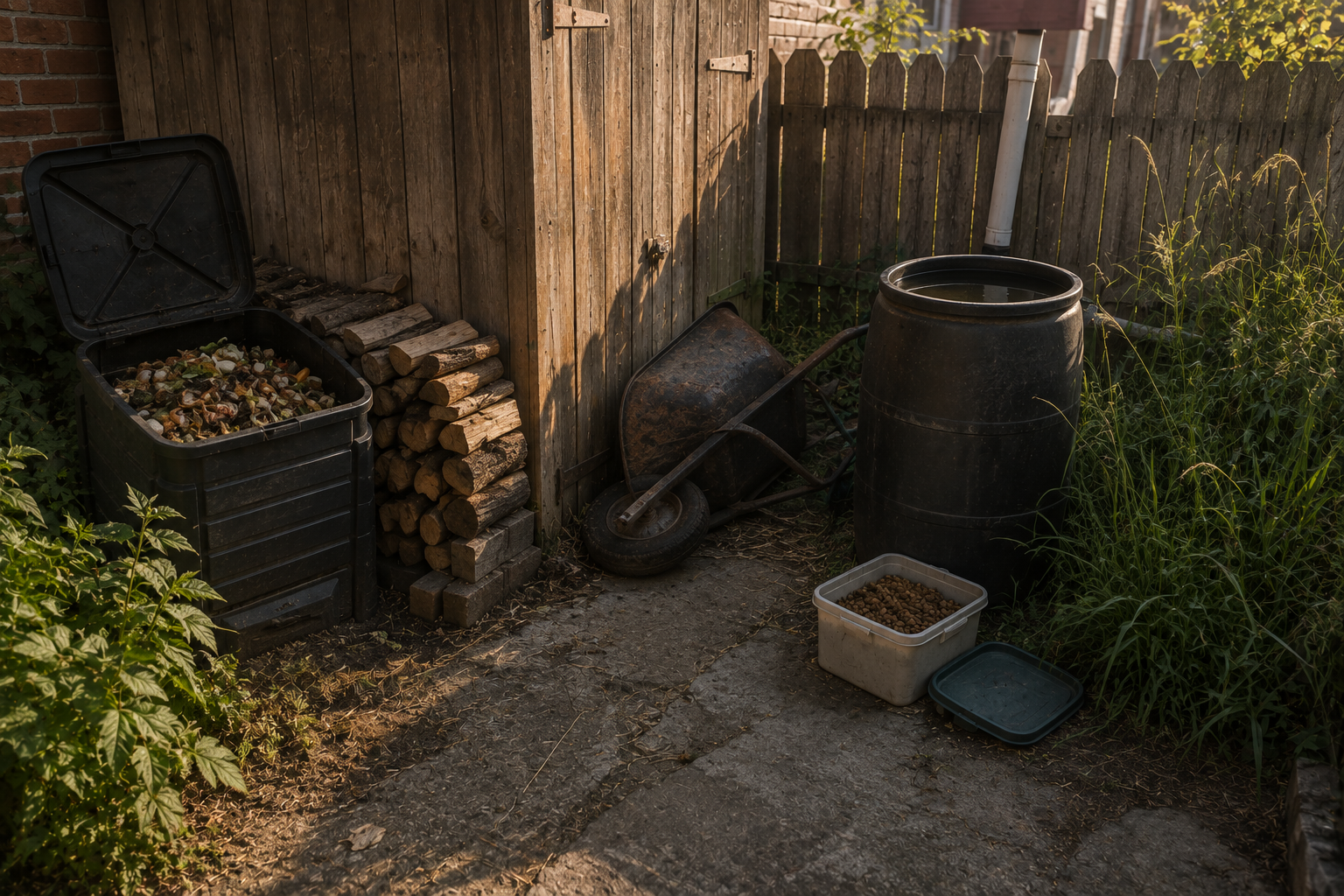 Philadelphia backyard showing multiple rodent attractants including cluttered shed area open trash bin and pet food bowl